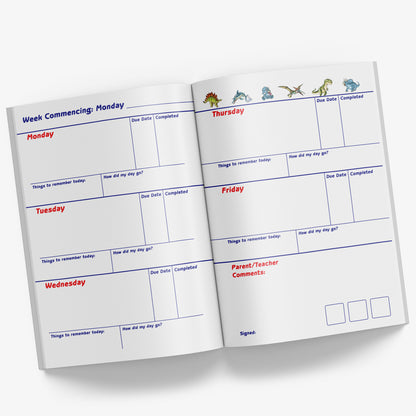 Inside pages of book with a space for homework for each weekday including space for Parent/Teacher comments with signature spaces for the parent and teacher to sign.