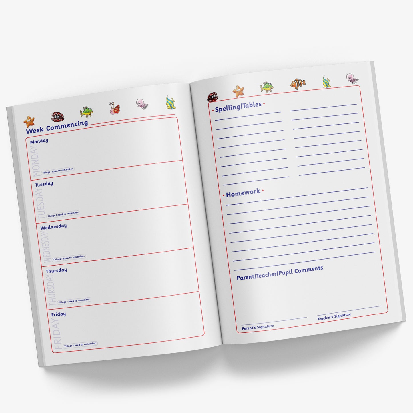 Inside pages of book with a space for each weekday on the left page and on the right page space for 'Spelling / Tables', 'Homework' and space for Parent/Teacher/Pupil comments with signature spaces for the parent and teacher to sign.