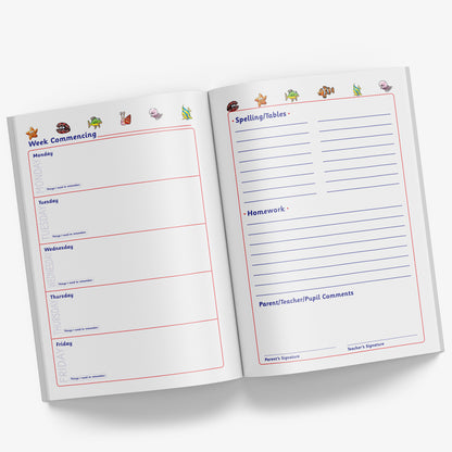 Inside pages of book with a space for each weekday on the left page and on the right page space for 'Spelling / Tables', 'Homework' and space for Parent/Teacher/Pupil comments with signature spaces for the parent and teacher to sign.