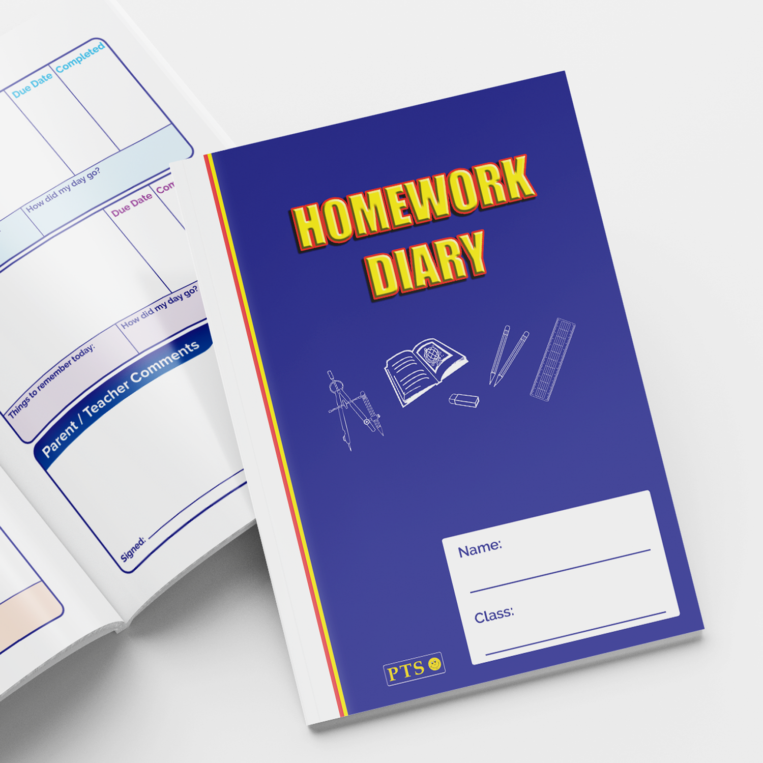 Classic 'Homework Diary' with a deep blue cover and white cover and subtle school-themed icons such as compass, ruler and notebook. The title is in yellow text, and there are blank spaces for 'Name' and 'Class'. 