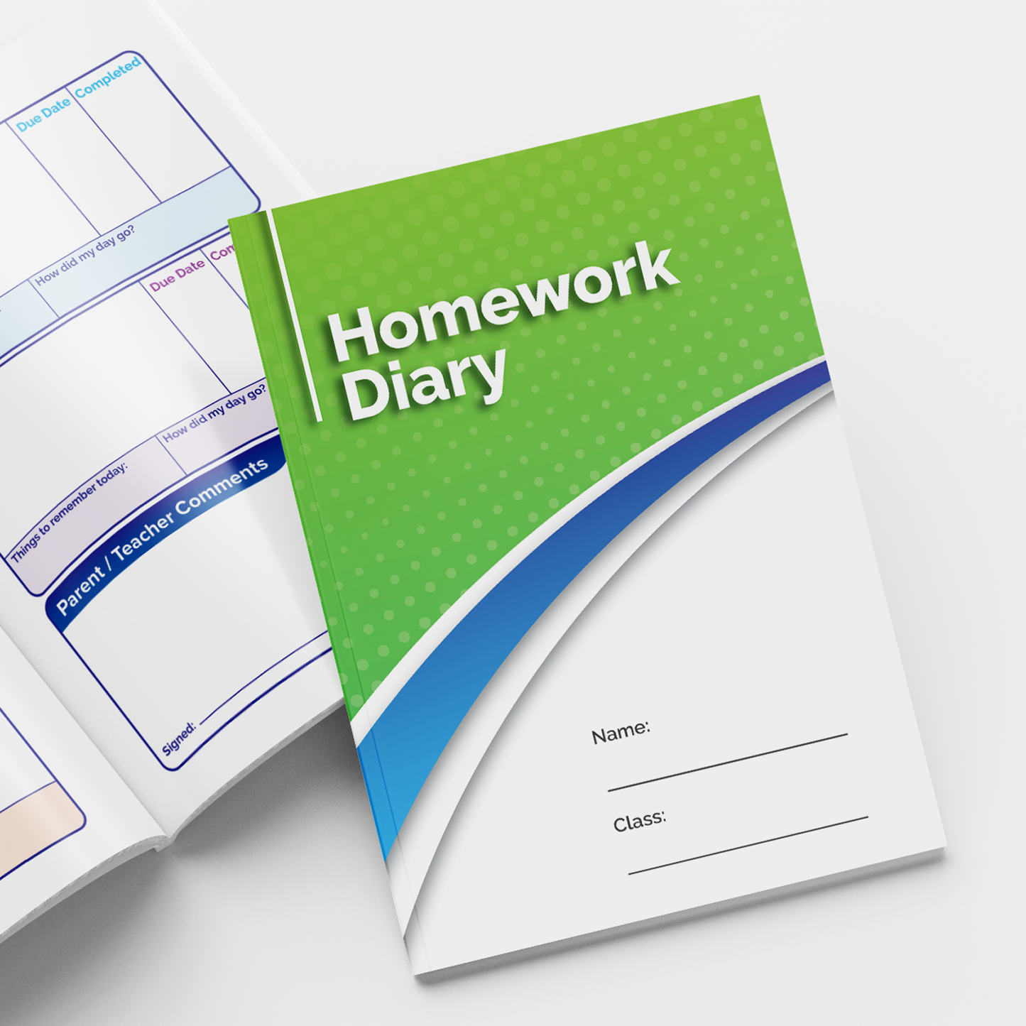 Modern 'Homework Diary' with a professional lime green and white cover featuring curved lines and subtle school-themed icons in the background. The title is in white text, and there are blank spaces for 'Name' and 'Class'. 