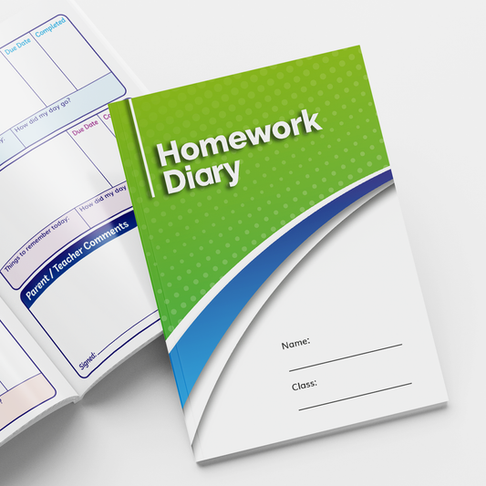 Modern 'Homework Diary' with a professional lime green and white cover featuring curved lines and subtle school-themed icons in the background. The title is in white text, and there are blank spaces for 'Name' and 'Class'. 