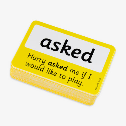 A set of 100 laminated flashcards, each measuring 86mm by 54mm, featuring high-frequency English words in large, clear black text on a white background; designed to support early literacy development by enhancing word recognition and reading fluency in educational settings