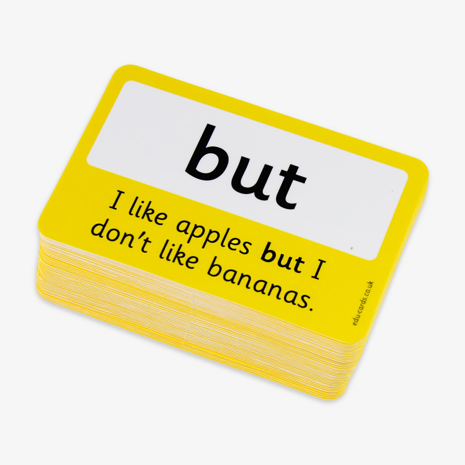 A set of 100 laminated flashcards, each measuring 86mm by 54mm, featuring high-frequency English words in large, clear black text on a white background; designed to support early literacy development by enhancing word recognition and reading fluency in educational settings