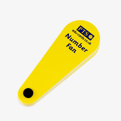 A closed yellow number fan, showing the branding of Primary Teaching Services. The cards are connected at the base with a black rivet, allowing them to fan out for easy number selection