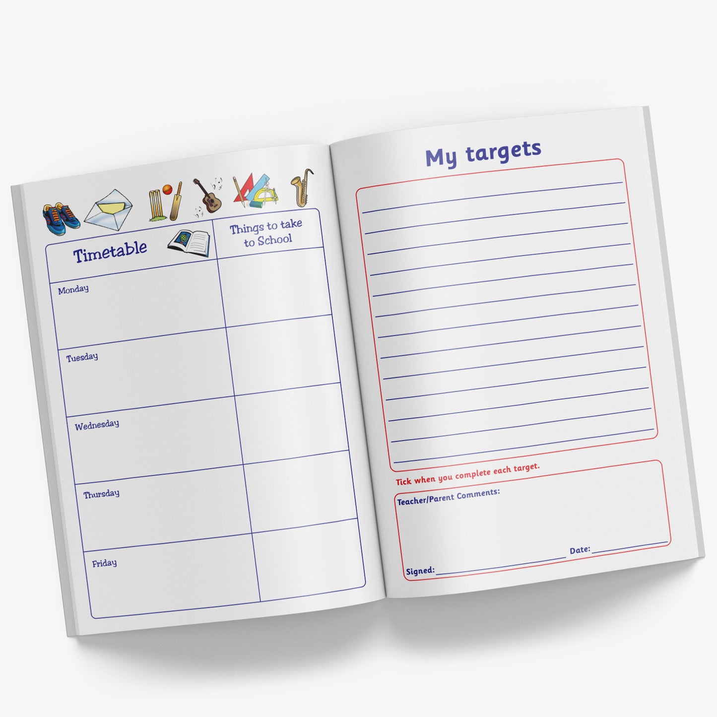 Internal pages of reading record book showing 'My Targets' page and a page with the weekdays in boxes for writing a timetable and a column of 'Things to take to School' on each day.