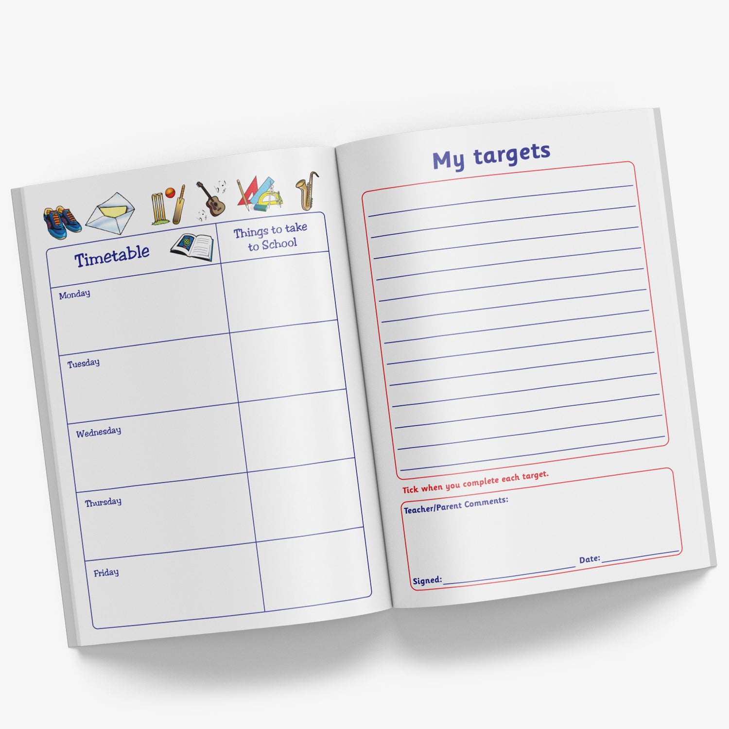 Internal pages of reading record book showing 'My Targets' page and a page with the weekdays in boxes for writing a timetable and a column of 'Things to take to School' on each day.