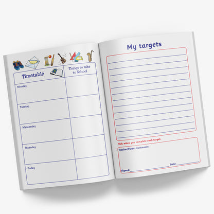 Internal pages of reading record book showing 'My Targets' page and a page with the weekdays in boxes for writing a timetable and a column of 'Things to take to School' on each day.