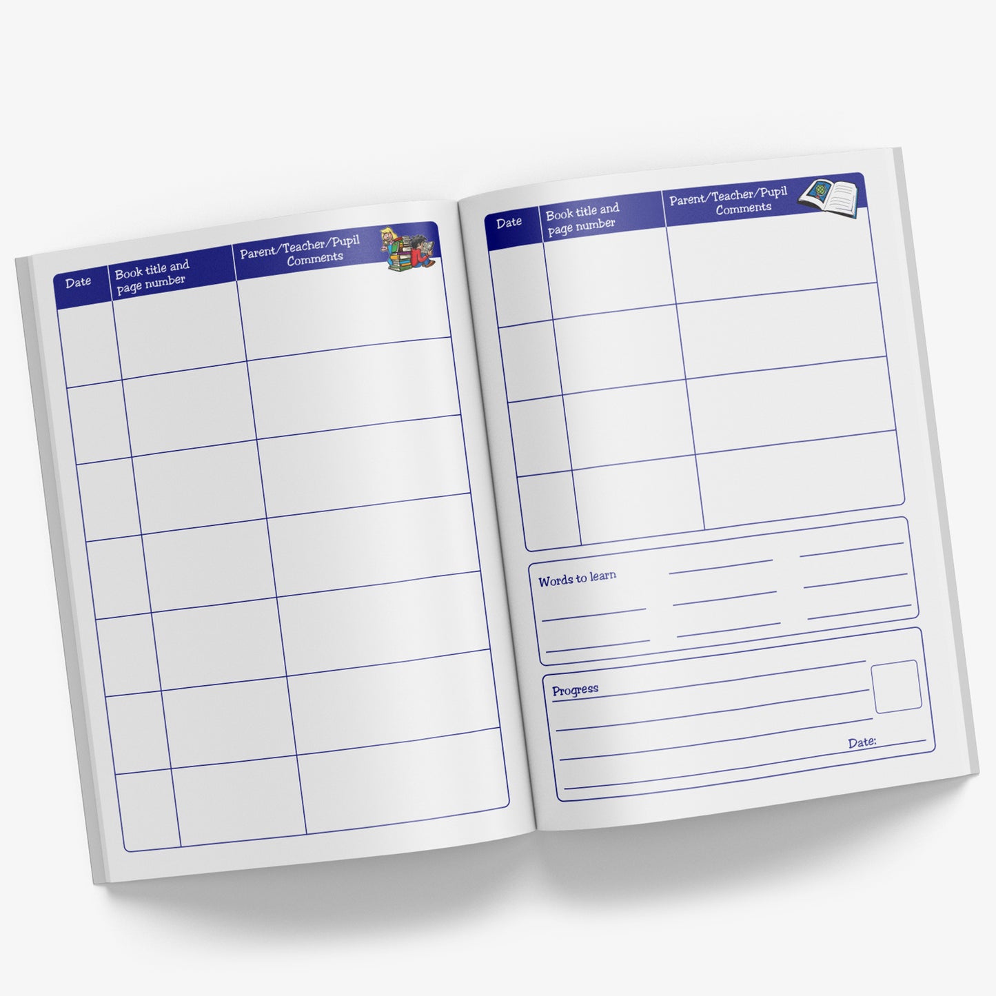 Internal pages of reading record book with space for Date, Book Title and Page Number and Parent/Teacher/Pupil comments