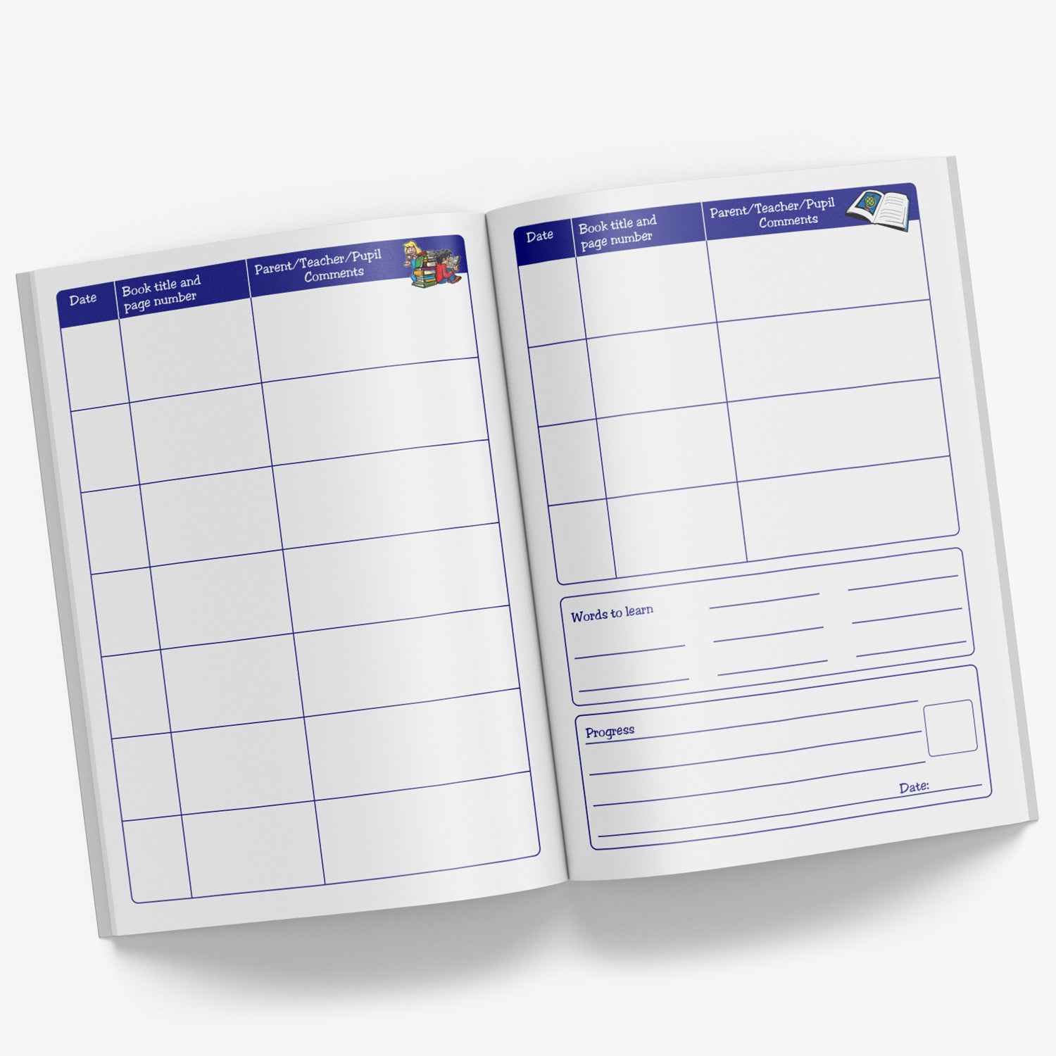 Internal pages of reading record book with space for Date, Book Title and Page Number and Parent/Teacher/Pupil comments