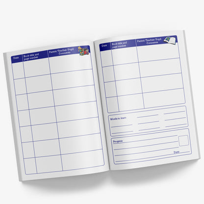 Internal pages of reading record book with space for Date, Book Title and Page Number and Parent/Teacher/Pupil comments