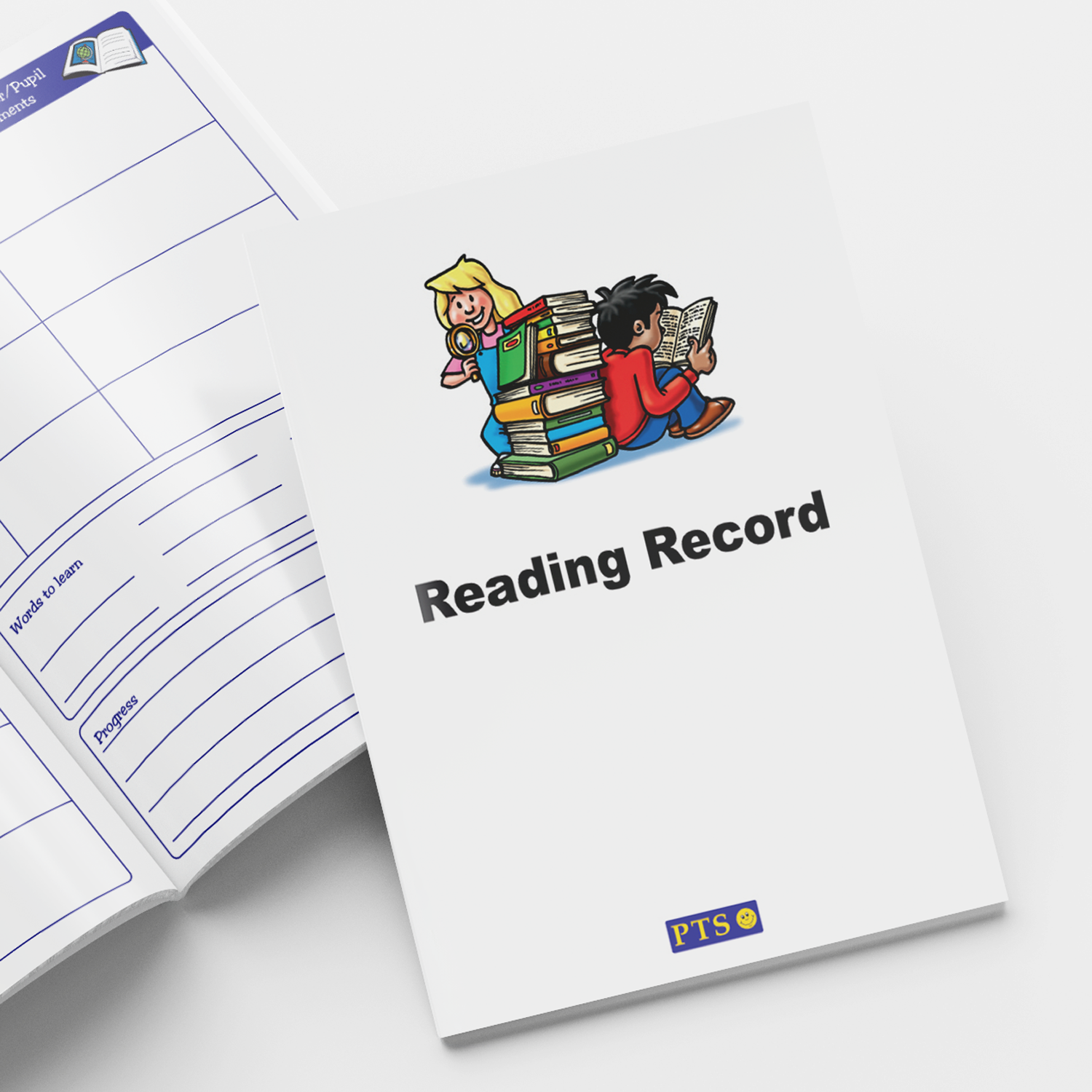 Simple 'Reading Record' book with a plain white cover featuring a cartoon of two children sitting back-to-back reading books, with a stack of books between them. The title is in bold black text, and a small 'PTS' logo appears at the bottom. The open page beside it includes lined sections for book titles, comments, and adult initials.