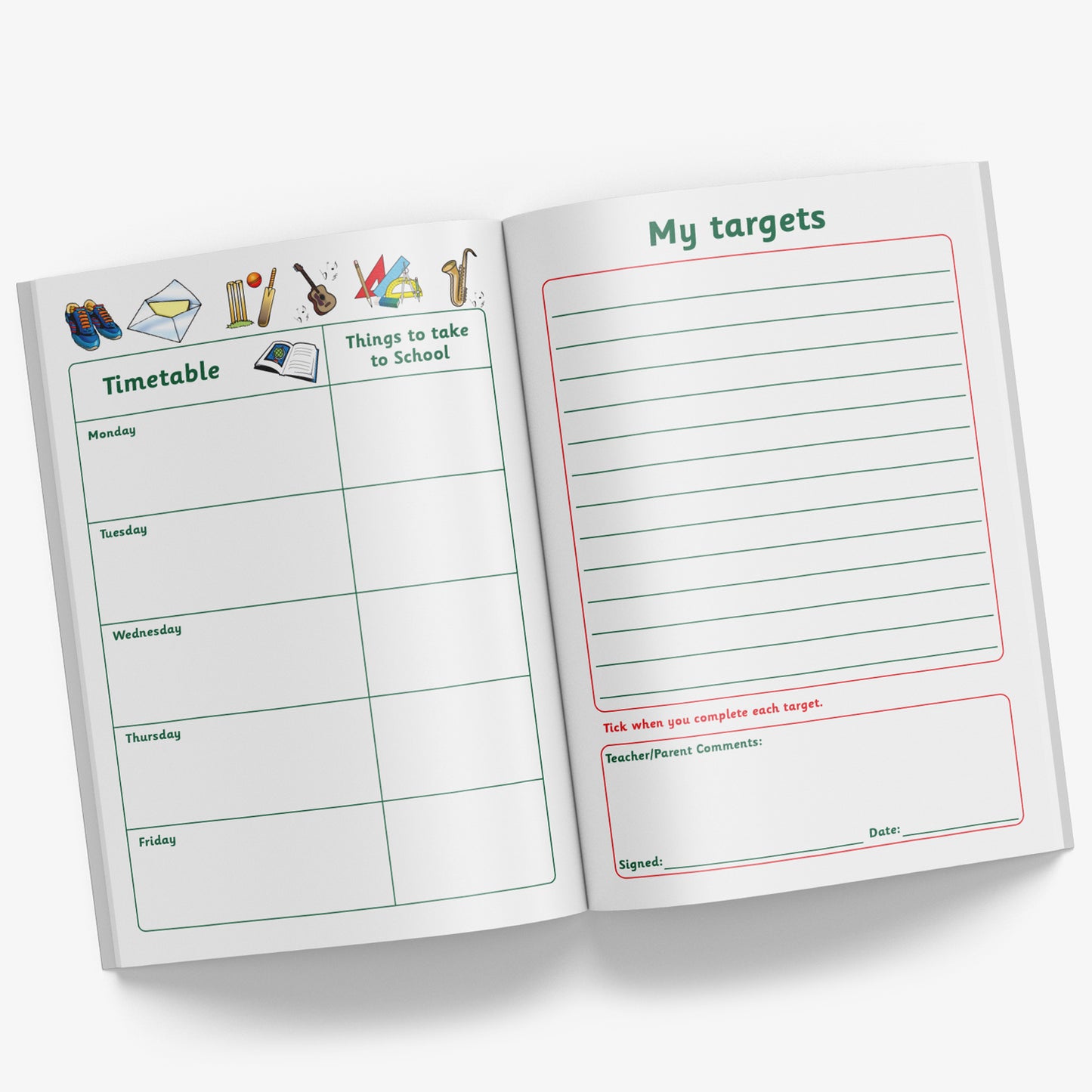 Internal pages of reading record book showing 'My Targets' page and a page with the weekdays in boxes for writing a timetable and a column of 'Things to take to School' on each day.