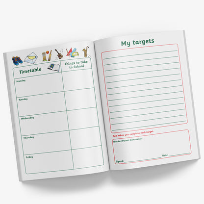 Internal pages of reading record book showing 'My Targets' page and a page with the weekdays in boxes for writing a timetable and a column of 'Things to take to School' on each day.