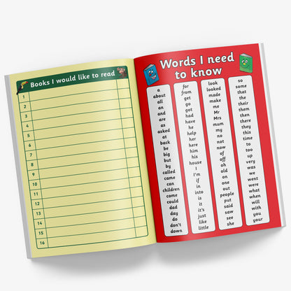 Internal pages of the reading record book with open left hand page showing 'Books I would like to read' with space for 16 books, with the right hand red page being a list of 'Words I need to know'.