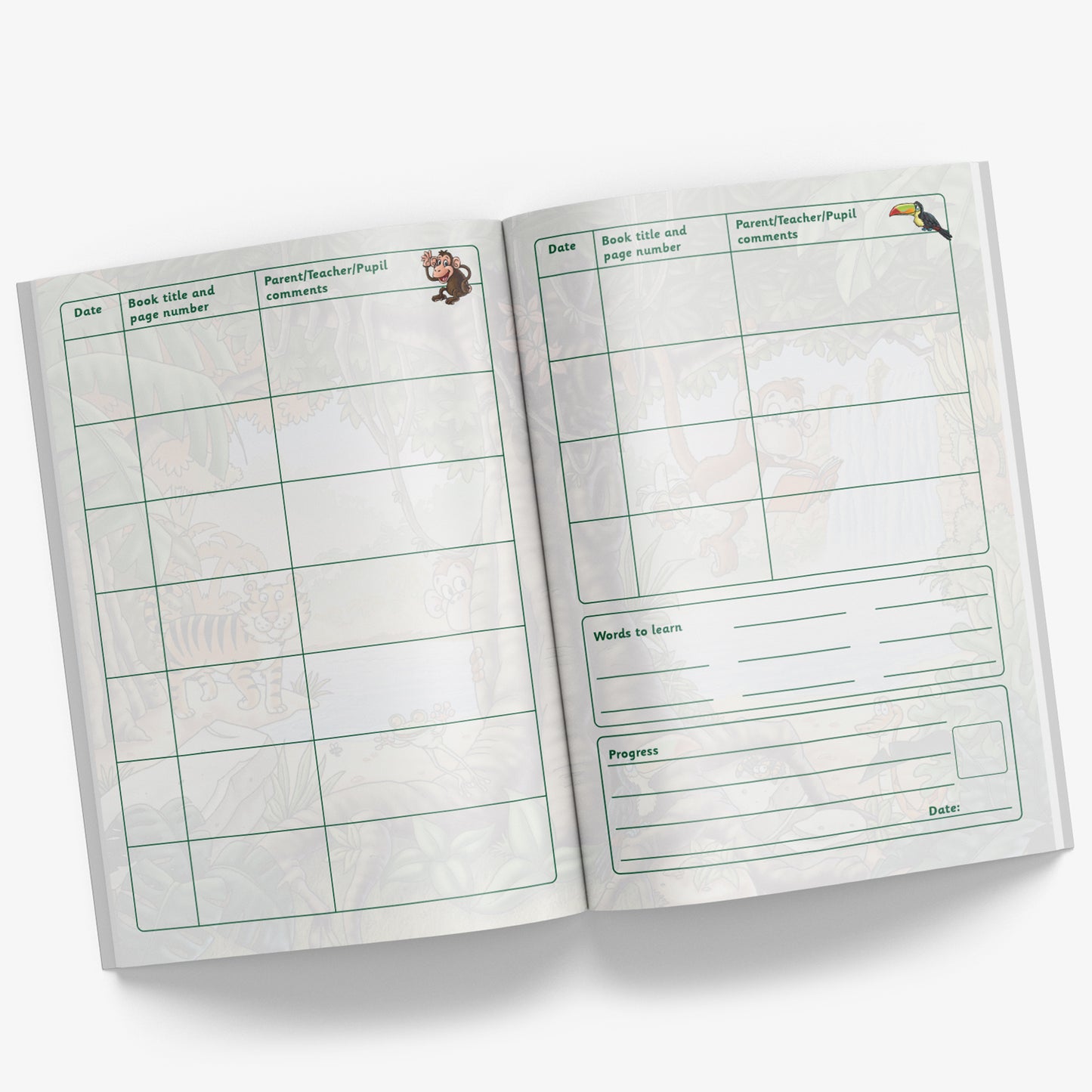 Internal pages of reading record book with space for Date, Book Title and Page Number and Parent/Teacher/Pupil comments