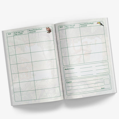 Internal pages of reading record book with space for Date, Book Title and Page Number and Parent/Teacher/Pupil comments