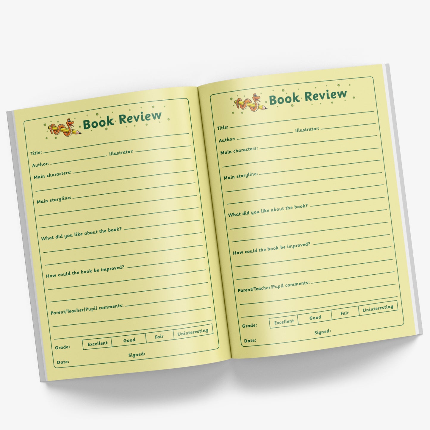 Internal pages of reading record book showing Book Review pages for the reader to review the book that they have read