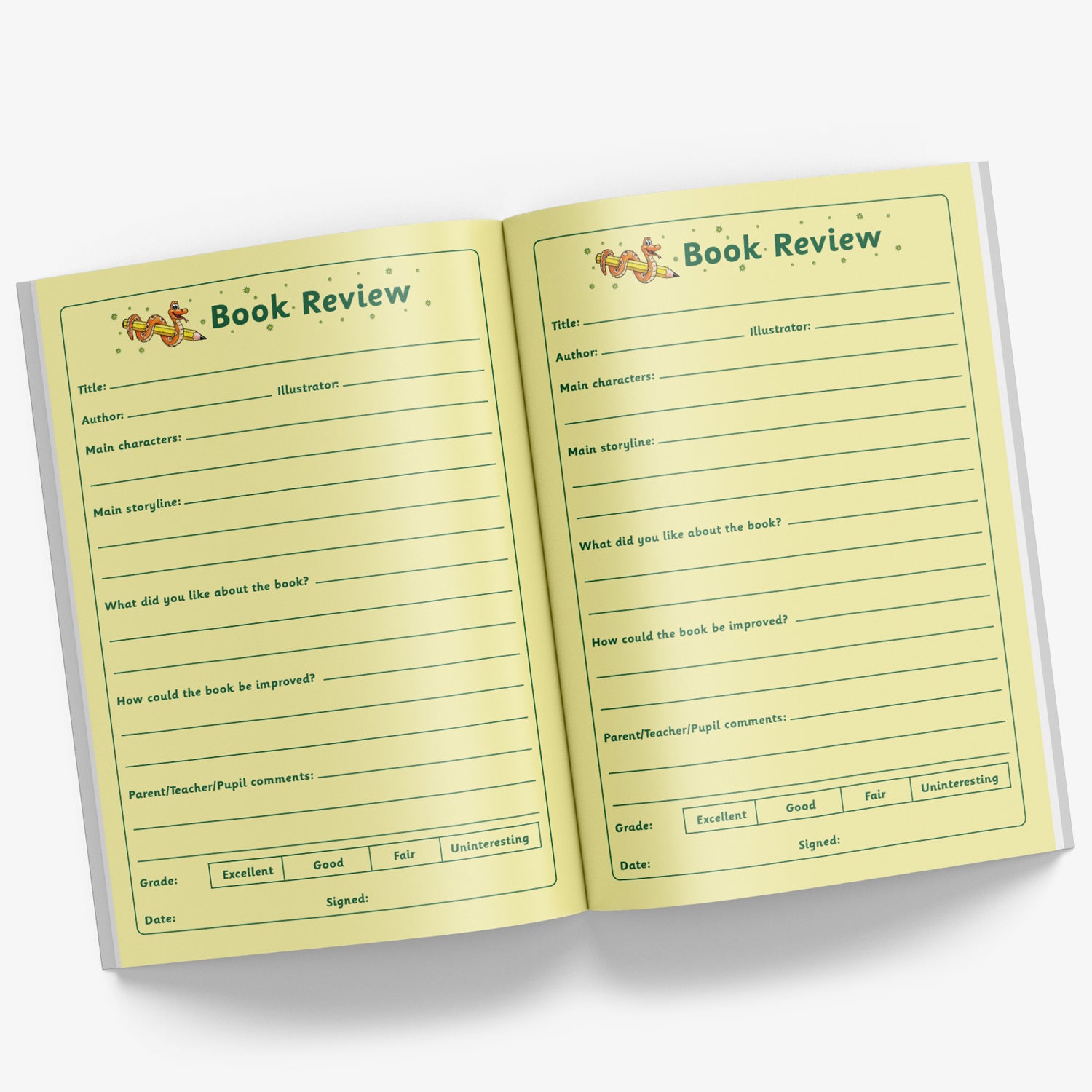 Internal pages of reading record book showing Book Review pages for the reader to review the book that they have read
