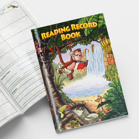 A5-sized reading record books featuring a jungle scene background with a monkey hanging from a tree reading a book; each book contains 40 pages with sections for recording reading progress, parent/teacher comments, and book reviews.