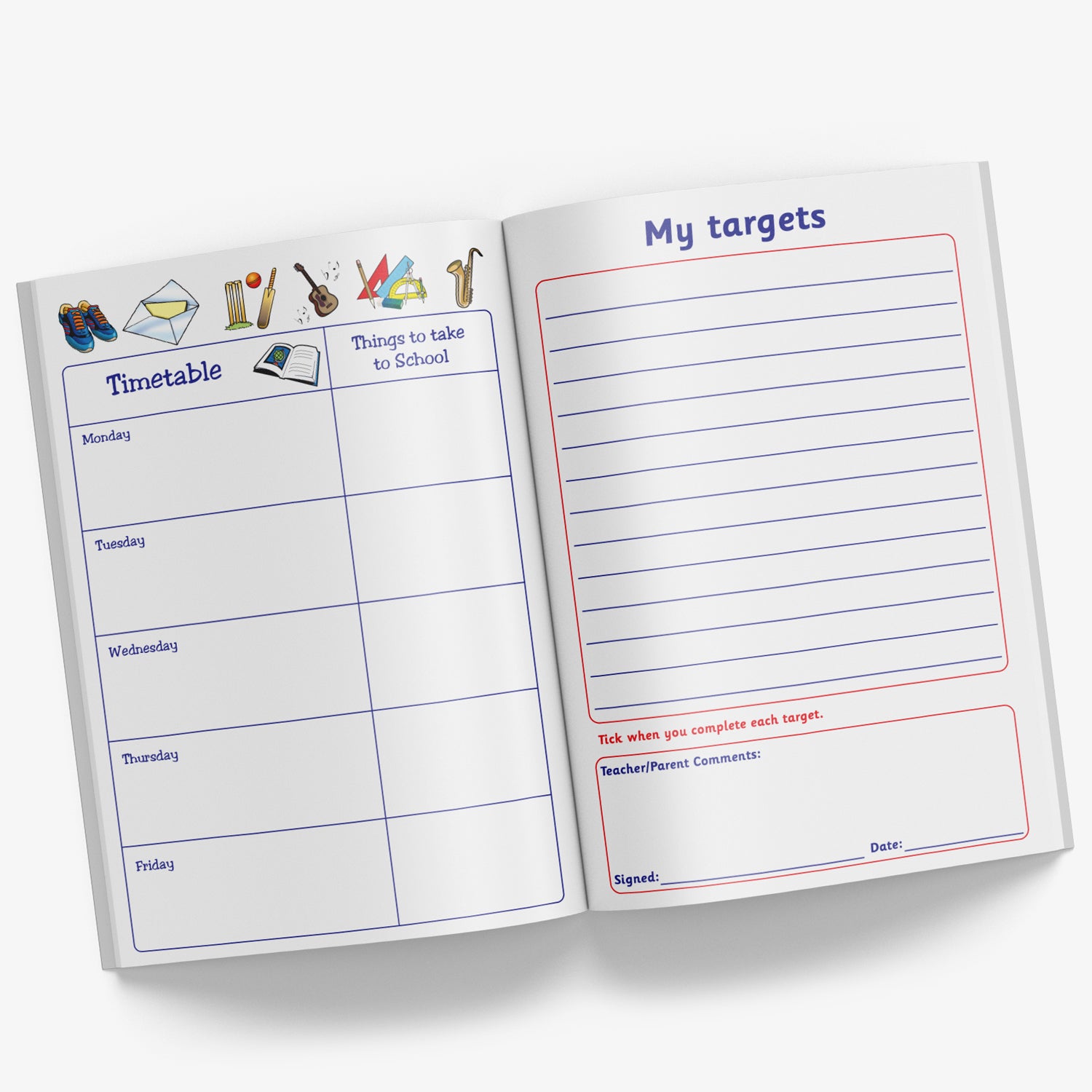 Internal pages of reading record book showing 'My Targets' page and a page with the weekdays in boxes for writing a timetable and a column of 'Things to take to School' on each day.