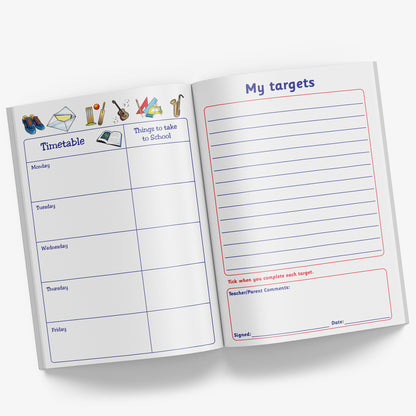 Internal pages of reading record book showing 'My Targets' page and a page with the weekdays in boxes for writing a timetable and a column of 'Things to take to School' on each day.