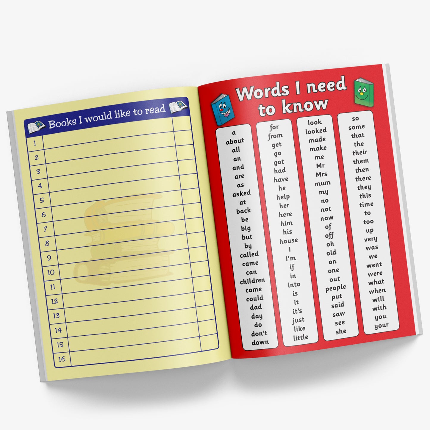 Internal pages of the reading record book with open left hand page showing 'Books I would like to read' with space for 16 books, with the right hand red page being a list of 'Words I need to know'.