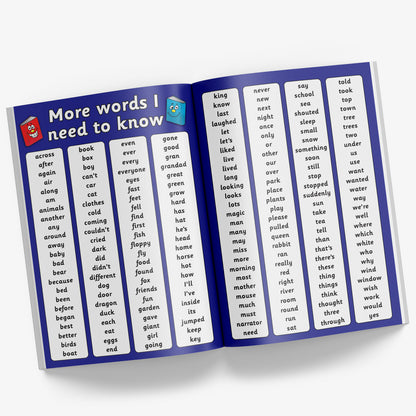 Internal pages of record book showing 2 blue pages listing 'More Words I need to Know'