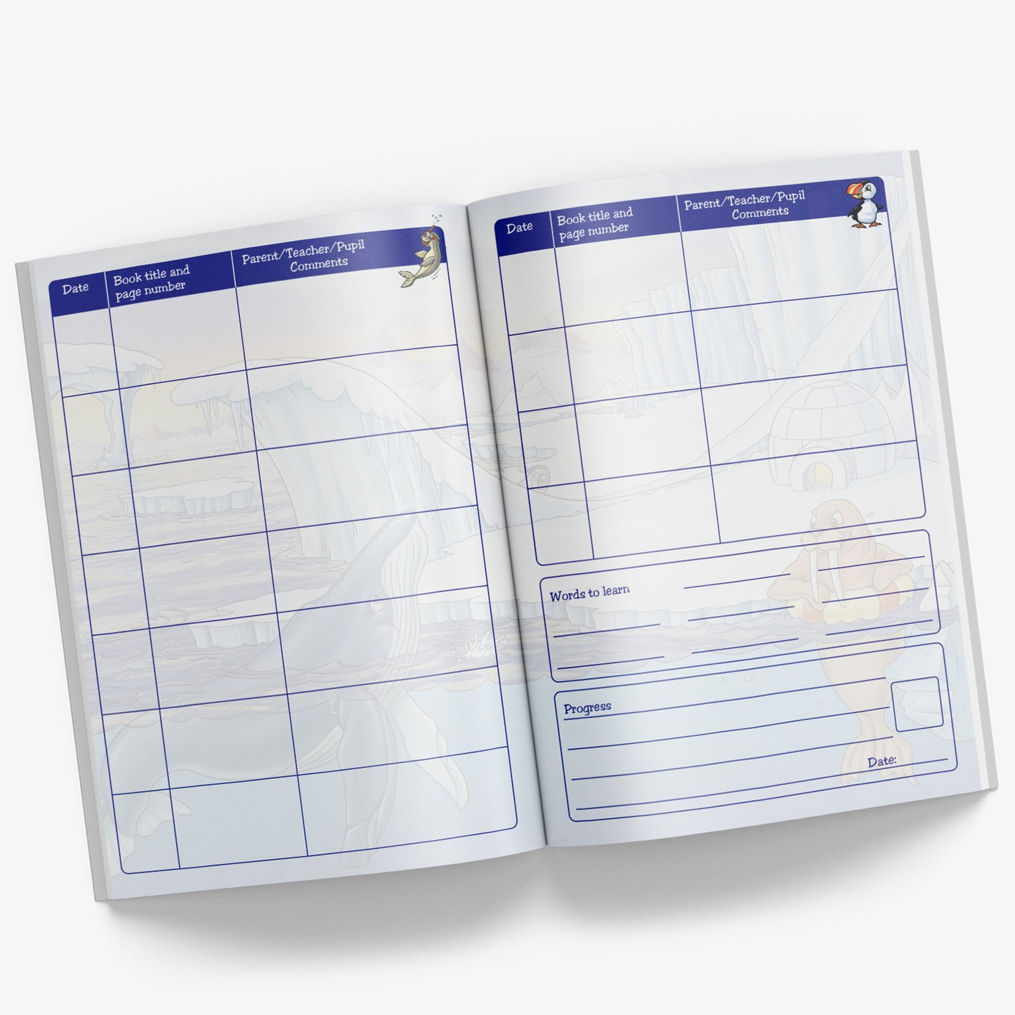Internal pages of reading record book with space for Date, Book Title and Page Number and Parent/Teacher/Pupil comments