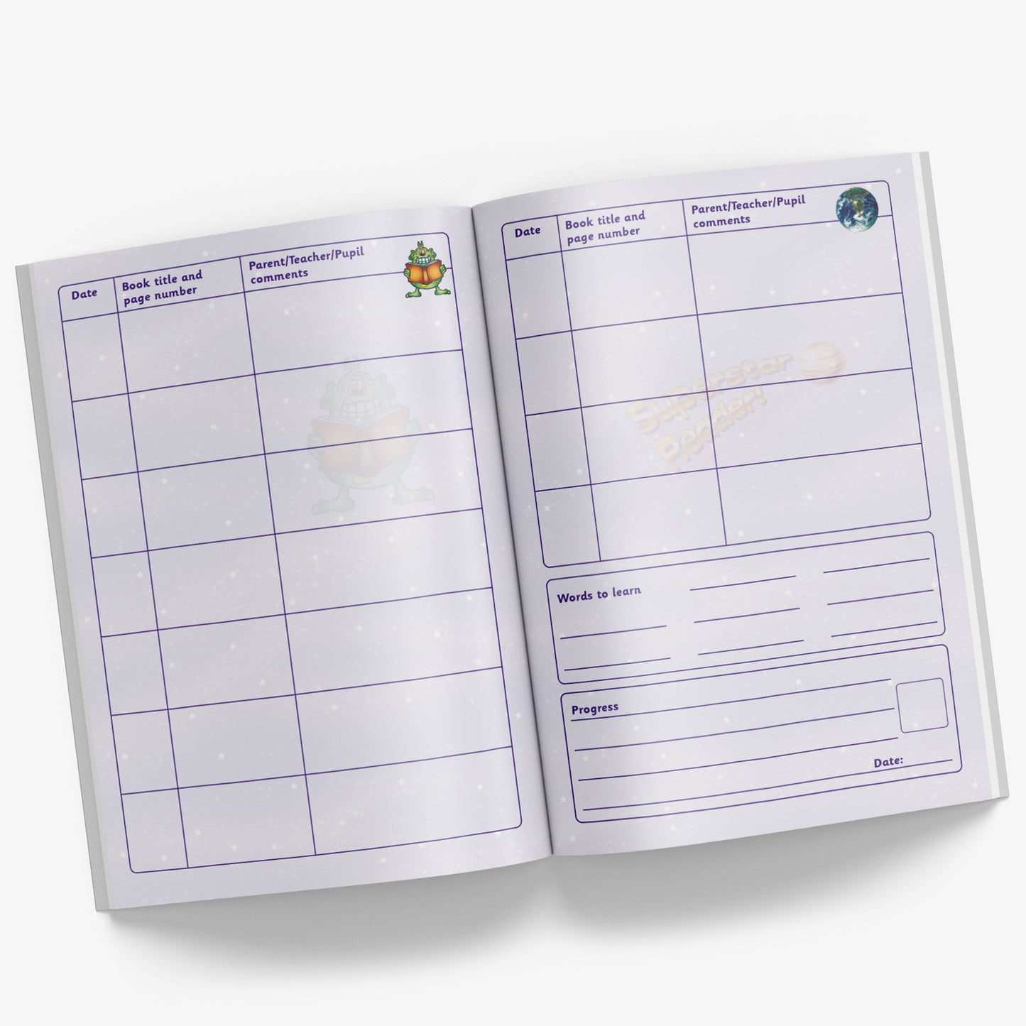 Internal pages of reading record book with space for Date, Book Title and Page Number and Parent/Teacher/Pupil comments