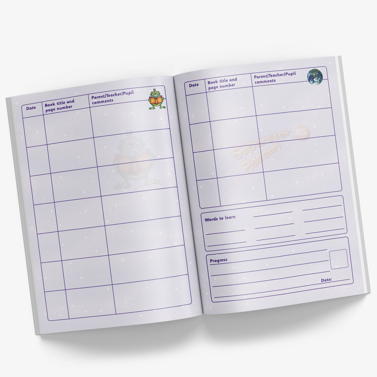 Internal pages of reading record book with space for Date, Book Title and Page Number and Parent/Teacher/Pupil comments