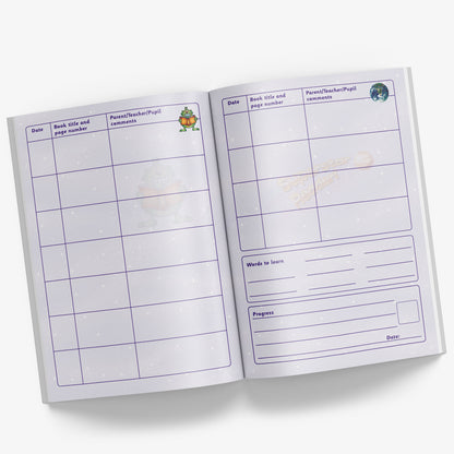Internal pages of reading record book with space for Date, Book Title and Page Number and Parent/Teacher/Pupil comments