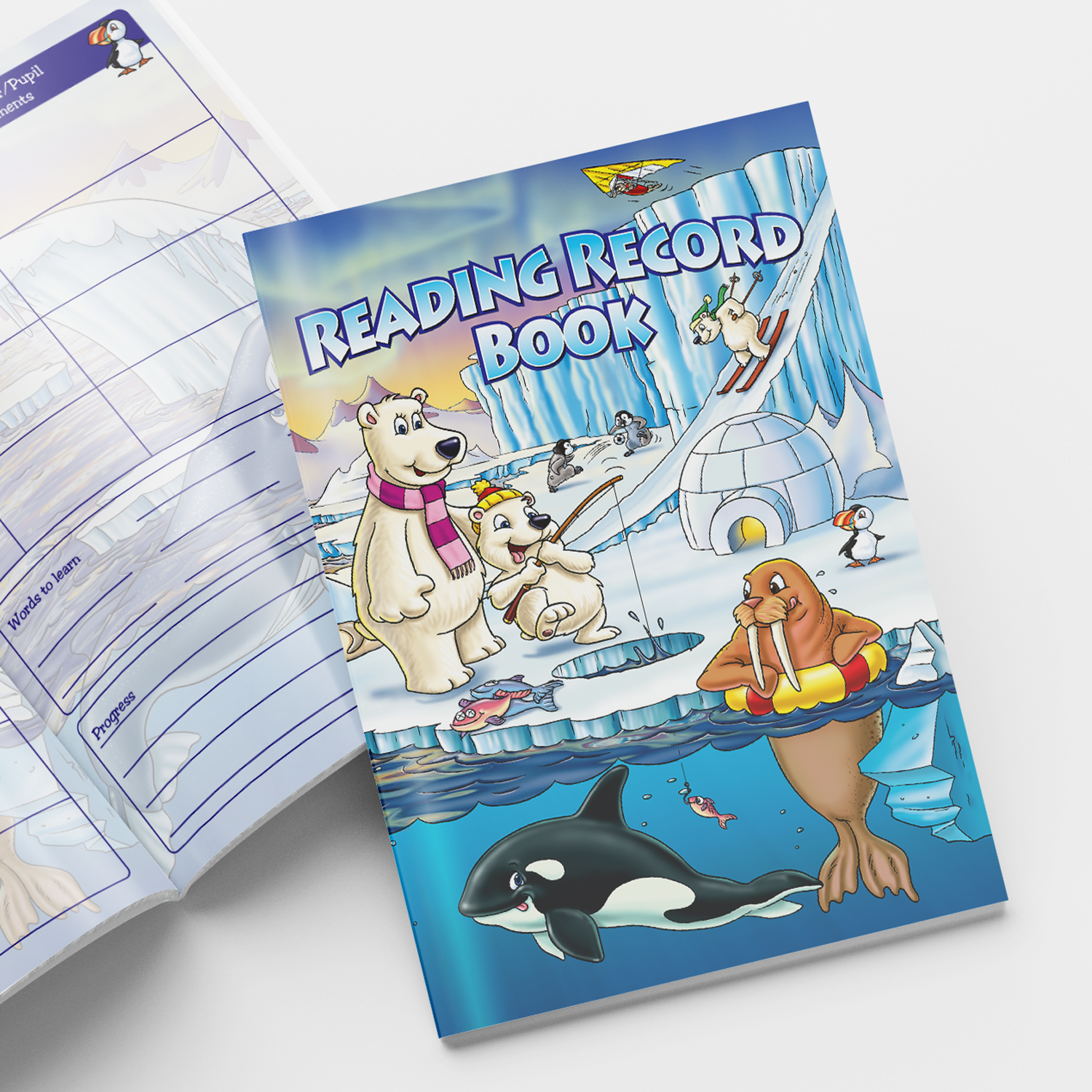 A5-sized reading record books featuring a polar scene background with polar bears fishing through the ice, a walrus watching them and an igloo in the background; each book contains 40 pages with sections for recording reading progress, parent/teacher comments, and book reviews
