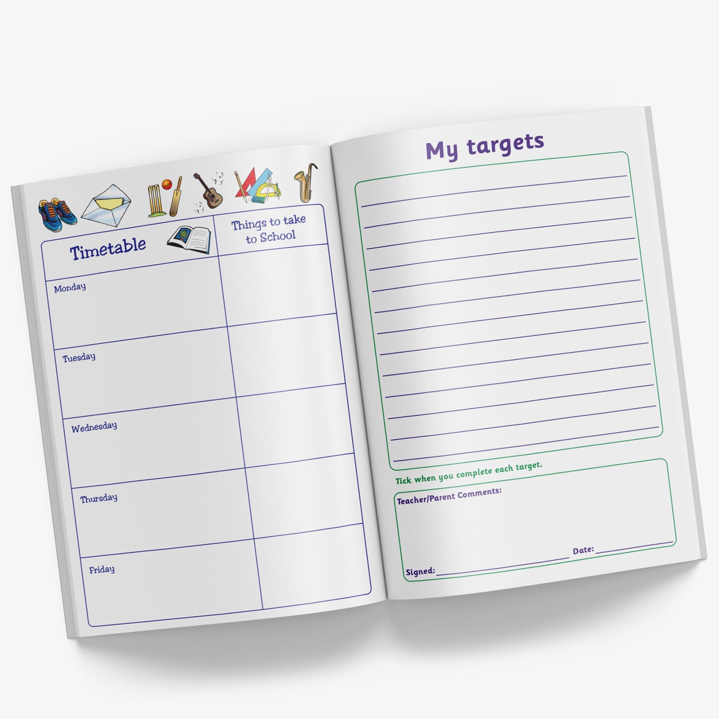 Internal pages of reading record book showing 'My Targets' page and a page with the weekdays in boxes for writing a timetable and a column of 'Things to take to School' on each day.