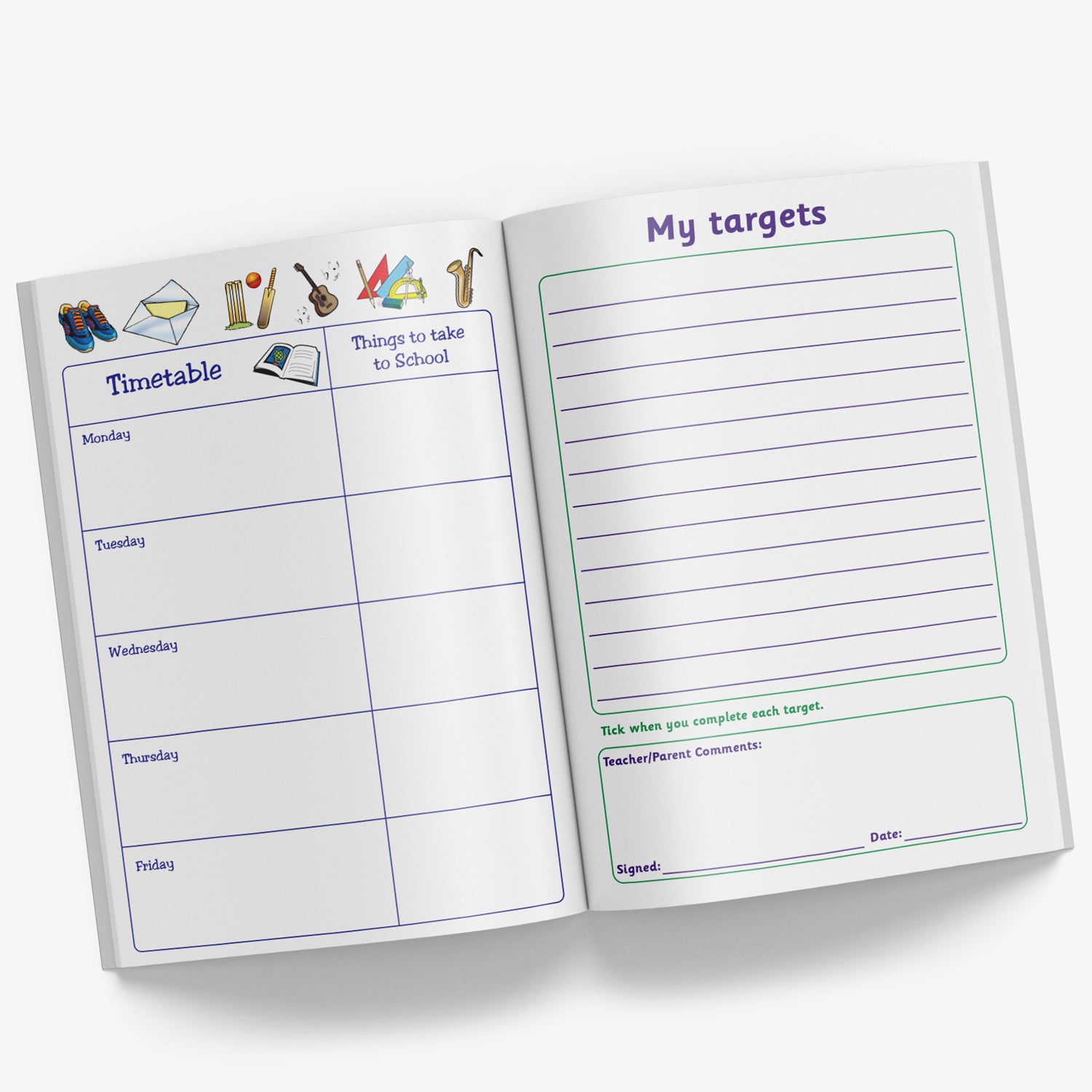 Internal pages of reading record book showing 'My Targets' page and a page with the weekdays in boxes for writing a timetable and a column of 'Things to take to School' on each day.