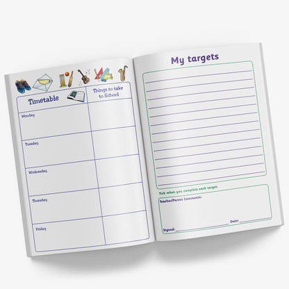 Internal pages of reading record book showing 'My Targets' page and a page with the weekdays in boxes for writing a timetable and a column of 'Things to take to School' on each day.