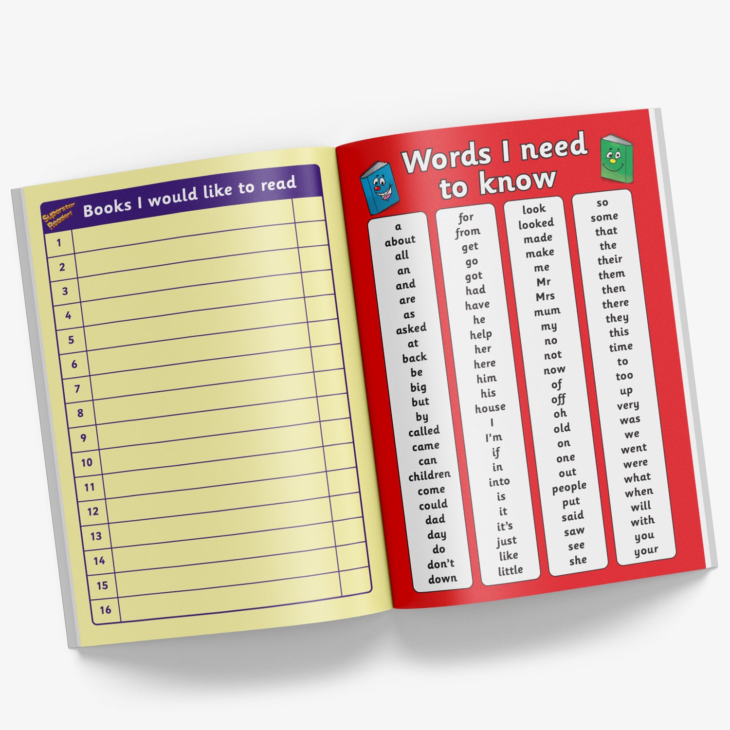 Internal pages of the reading record book with open left hand page showing 'Books I would like to read' with space for 16 books, with the right hand red page being a list of 'Words I need to know'.