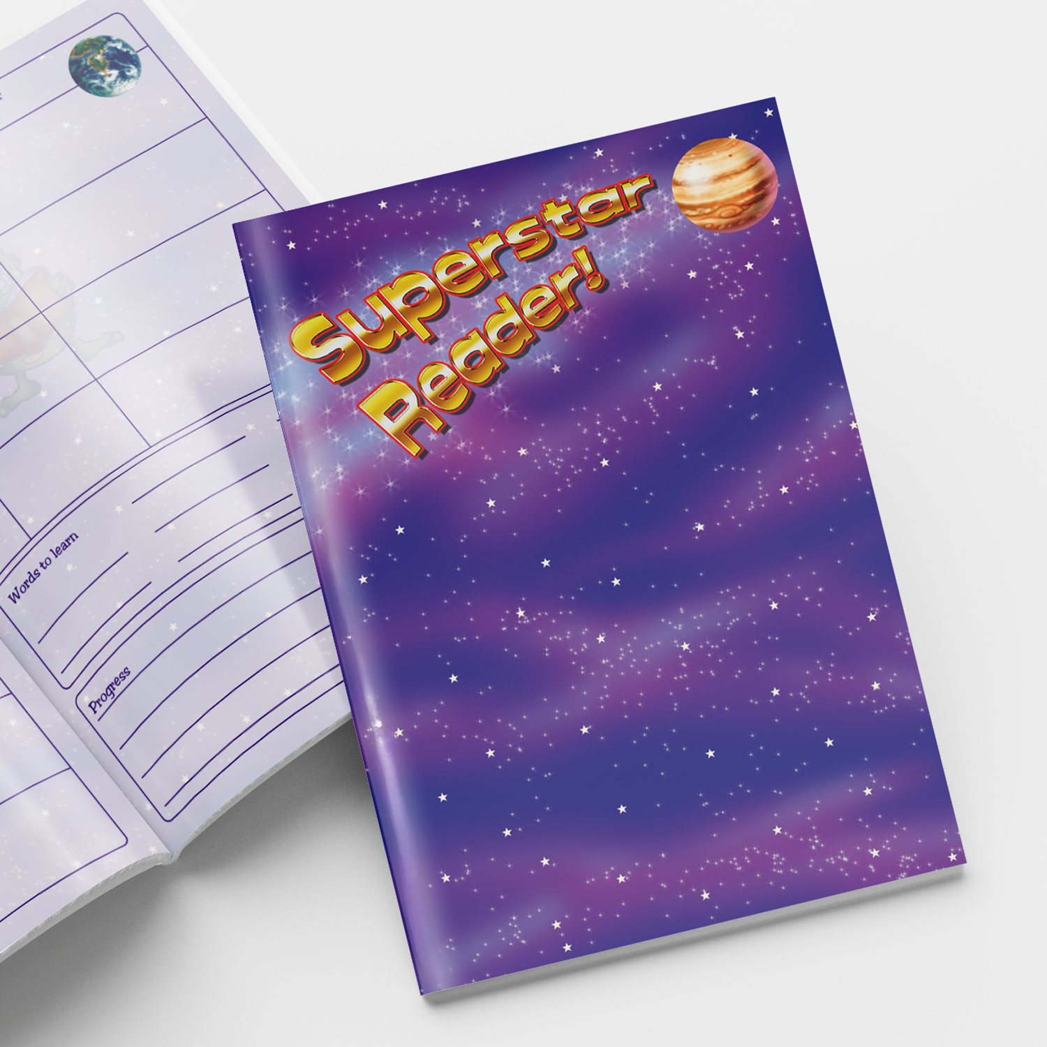 Cosmic-themed 'Superstar Reader!' book with a purple starry background and a planet illustration in the top right corner. The title is in bold, golden 3D-style text. The open page beside it includes structured sections for book titles, comments, and adult initials, with a small globe illustration at the top of the page.