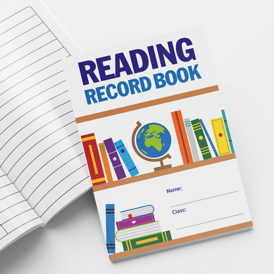 A5-sized 'Reading Record Book' from the Value Range, featuring a colourful bookshelf design on the cover with spaces for 'Name' and 'Class'; includes 32 pages with columns for date, book title, page number, 'I read to...', and comments, designed to track pupils' reading progress.