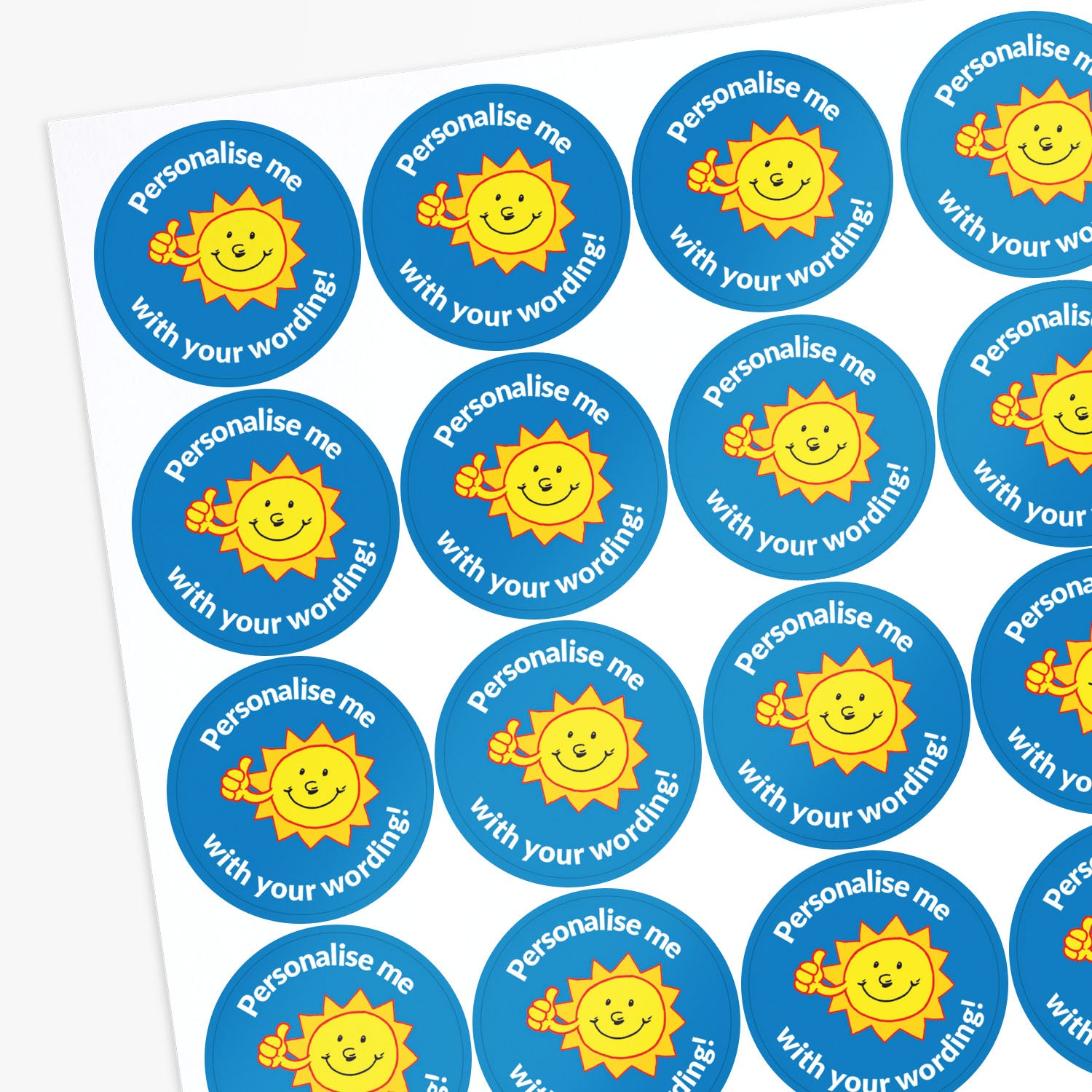 Full sheet of personalised thumbs up sun stickers in blue with white text.