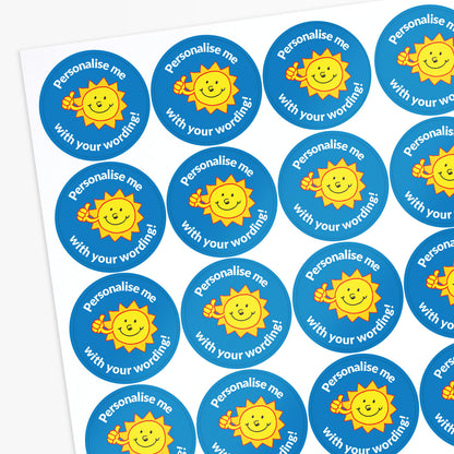 Full sheet of personalised thumbs up sun stickers in blue with white text.
