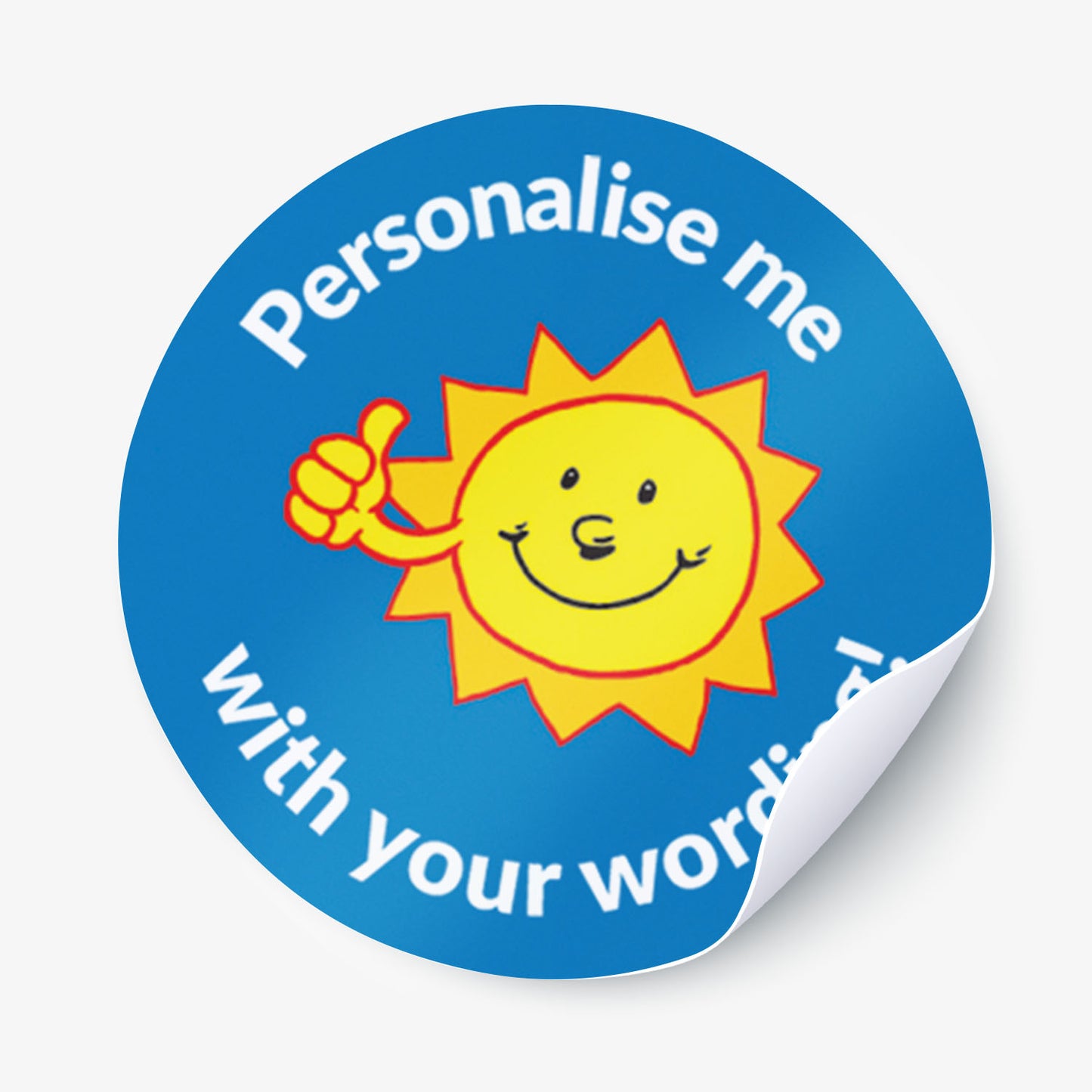 Round blue sticker with a sun character and text 'Personalise me with your words' on a white background
