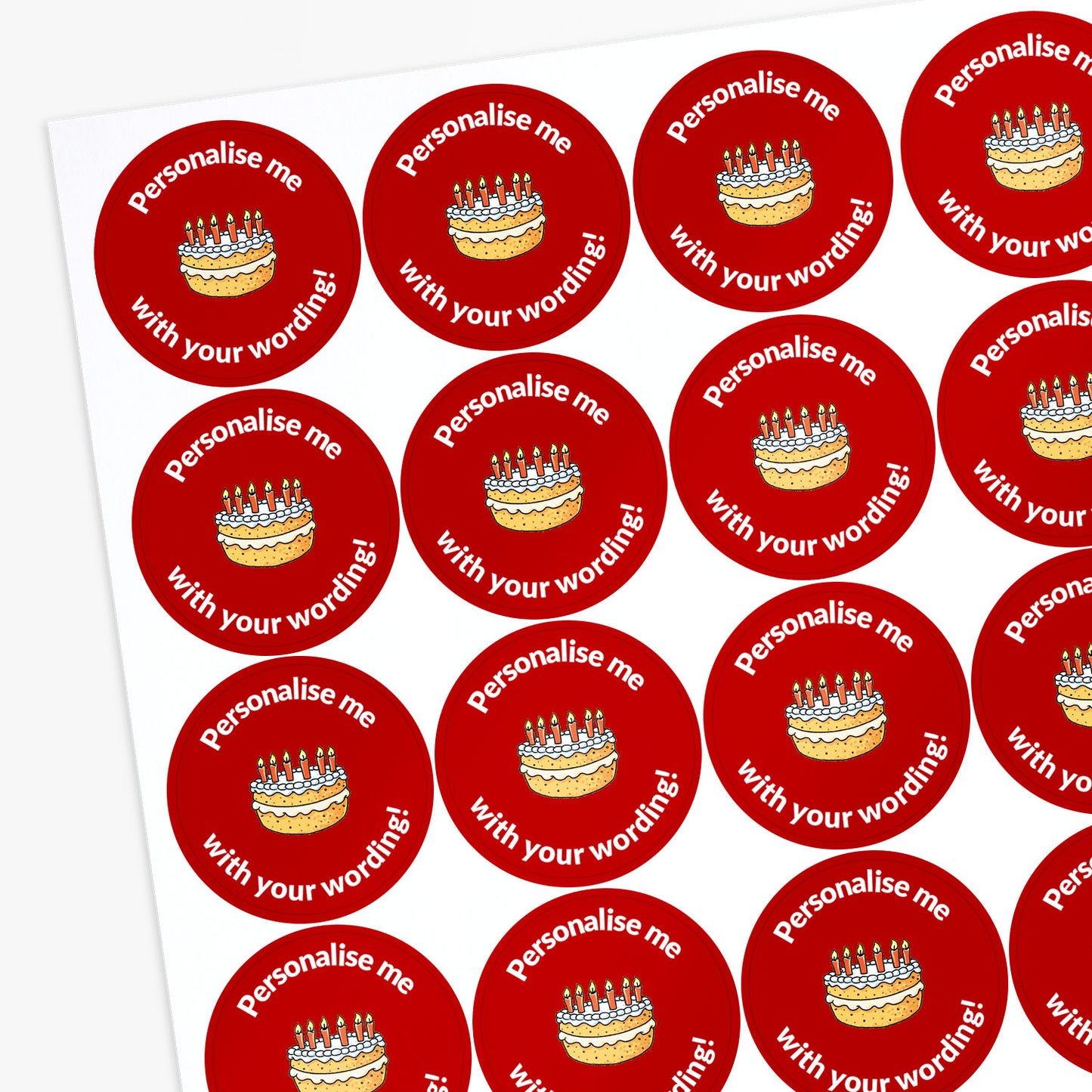 Red stickers with a birthday cake as the central image.  Space for personalisation above and below the image.