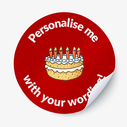 Red sticker with a cake illustration and text 'Personalise me with your words' on a white background