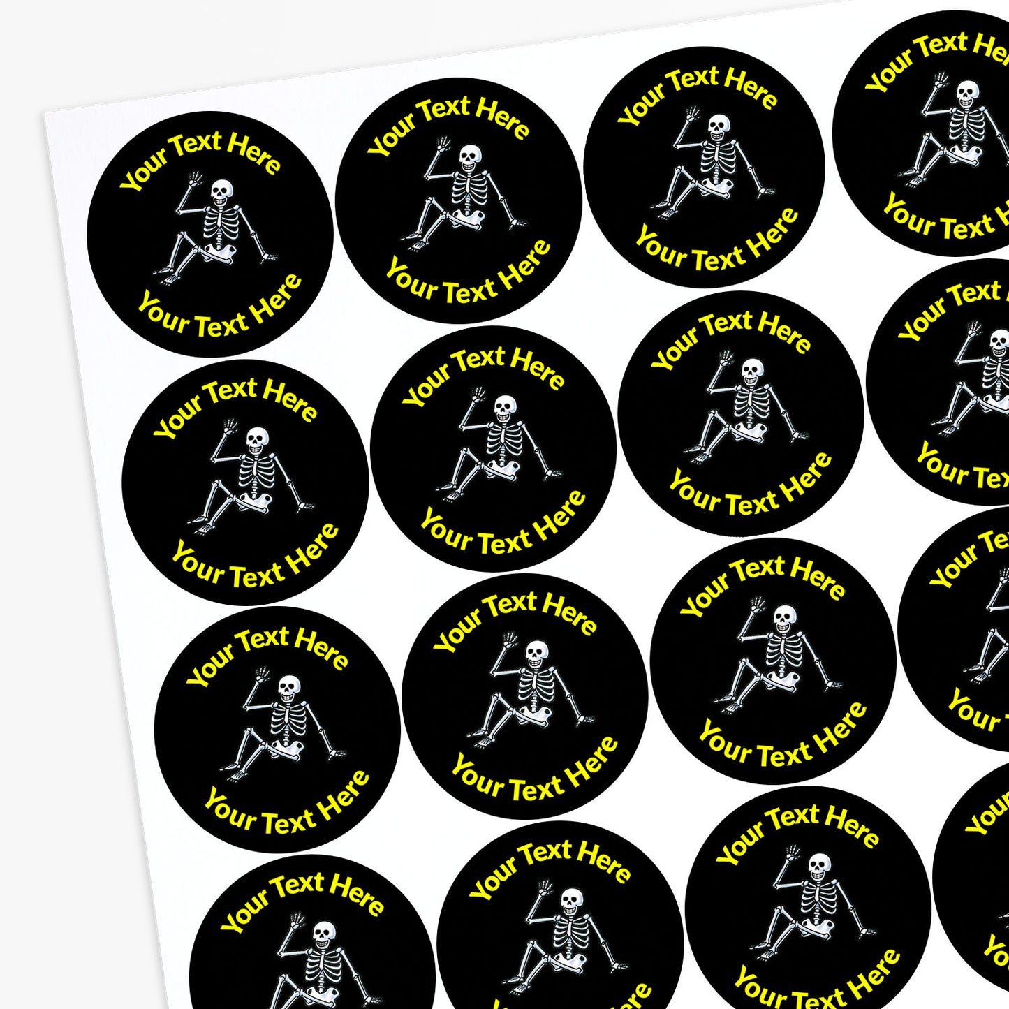 Sheet of round stickers with skeleton graphics and customizable text.