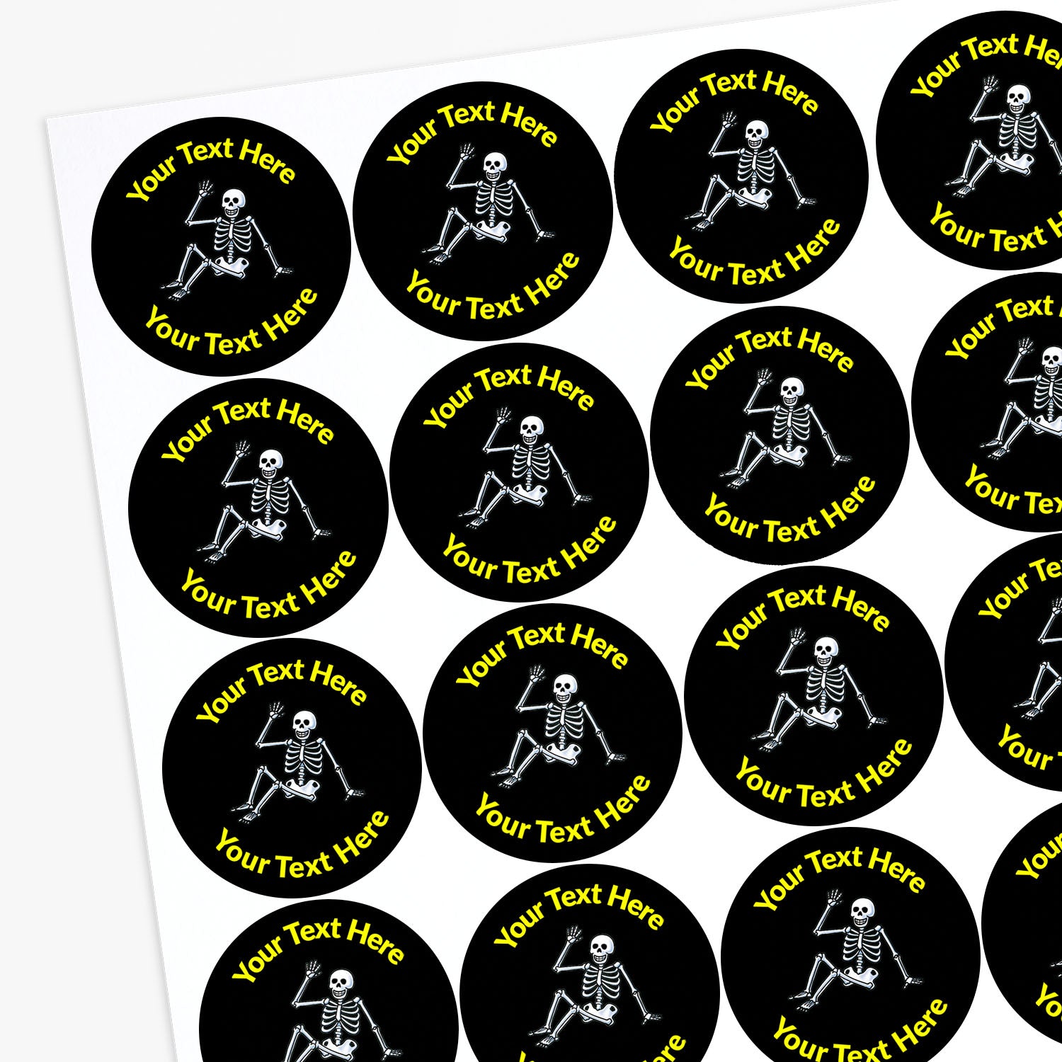 Sheet of round stickers with skeleton graphics and customizable text.