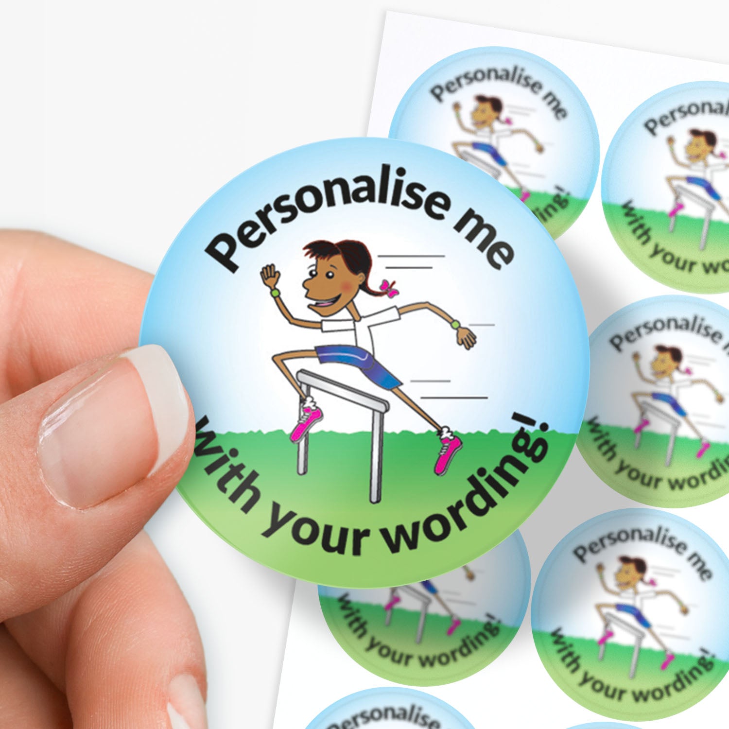 Circular sticker with a child illustration and text 'Personalise me with your wording!' held by a hand.