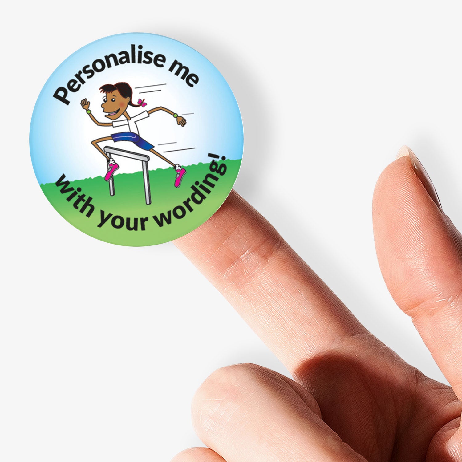 Round customizable sticker with a running person graphic held by a finger on a white background