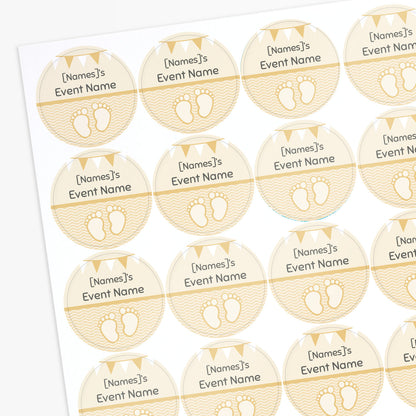 Sheet of personalized event name labels with baby footprints design.
