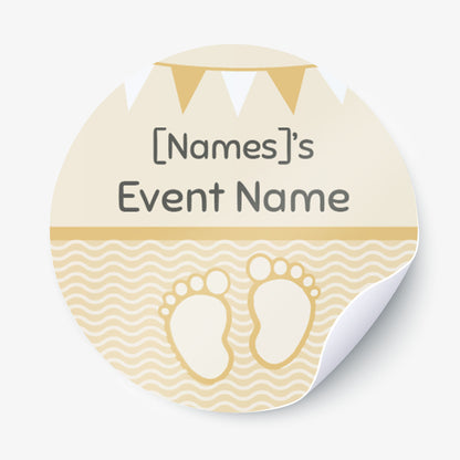 Circular sticker with cartoon baby feet and text.
